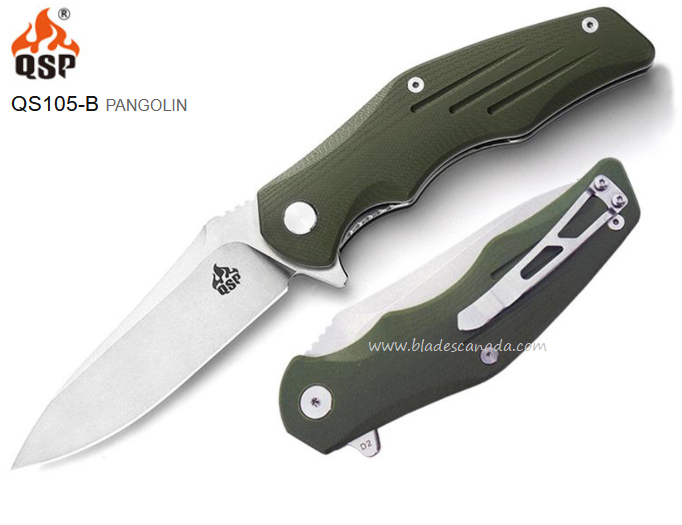 QSP Pangolin Flipper Folding Knife, D2 Steel, G10 Green, QS105-B